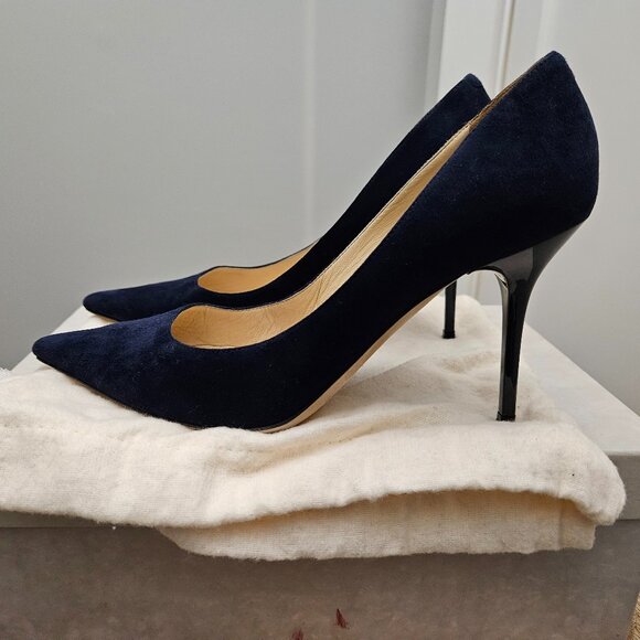 Jimmy Choo Agnes Suede Navy Heels, Sz 37 - Box & Dust Bag - Picture 1 of 13